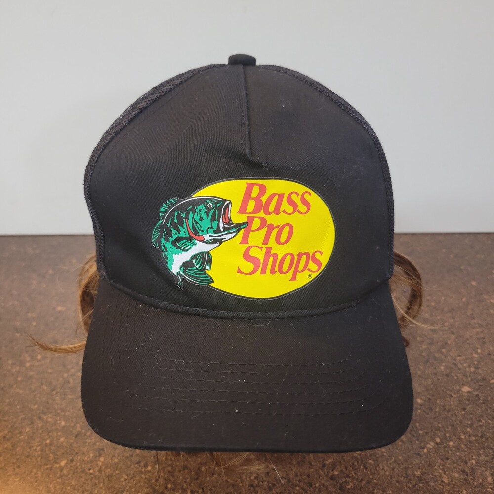 Bass Pro Shops Trucker Hat Mens OS Black Mesh Fishing Hunting Back Snapback Hat